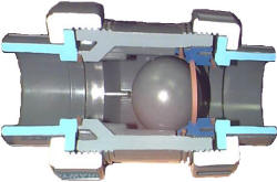 Cutaway of Hayward TC ball check valve